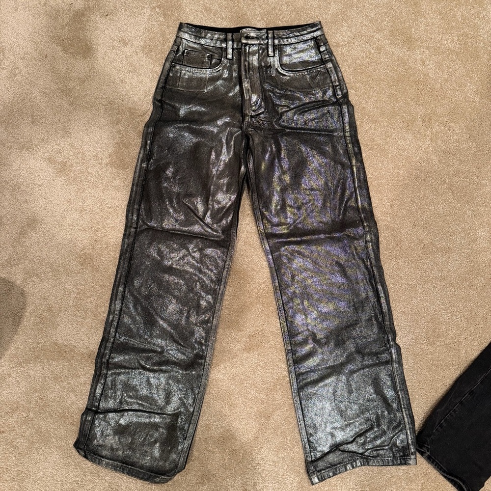Metallic Black Women’s Jeans - Shiny Straight-Leg